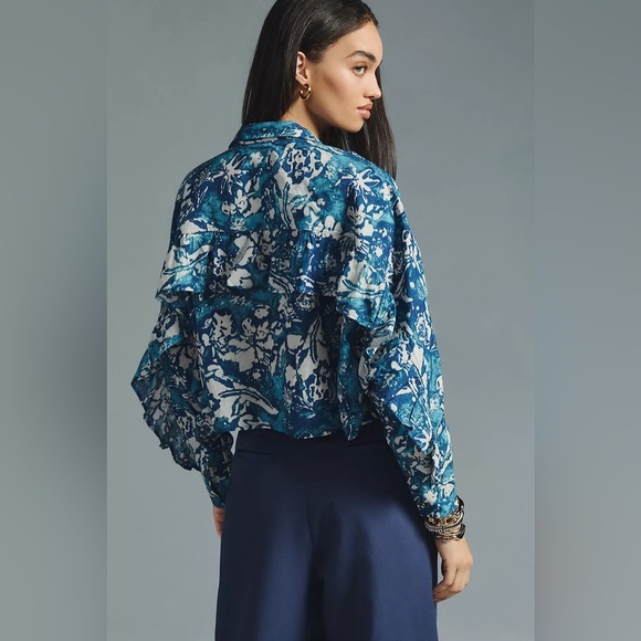 NEW Anthropologie Pilcro Batwing Ruffle Blouse Size Small Blue Floral NWT. 4 - Picture 7 of 10